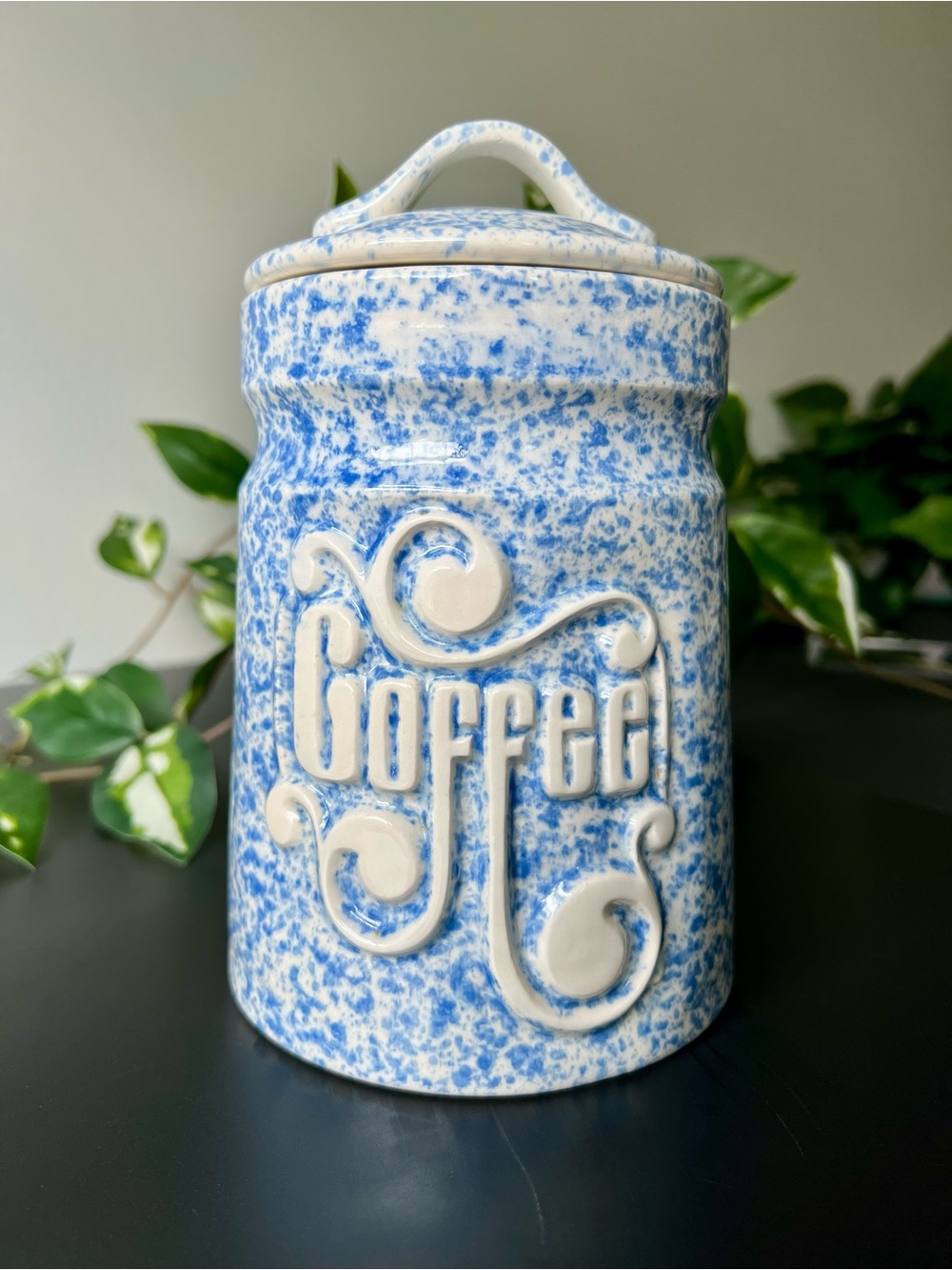Vintage Treasure Craft USA Blue Spongeware Coffee Canister Ceramic Jar Farmhouse